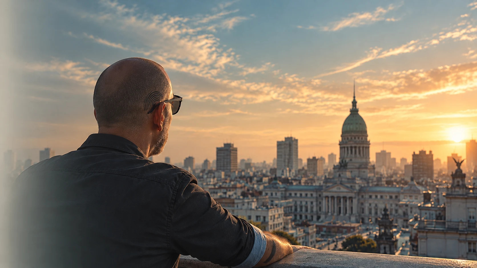 Carlos contempla la ciudad desde una terraza, con detalles personales integrados en una composición editorial
